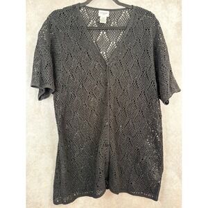 VTG 90 Y2K Liz Baker Woman Black Crochet Knit Short Slv Button Front Cardigan 2X